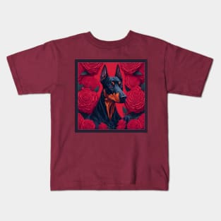 Dogs, doberman and flowers, dog, seamless print, style vector (red version 2 doberman) Kids T-Shirt